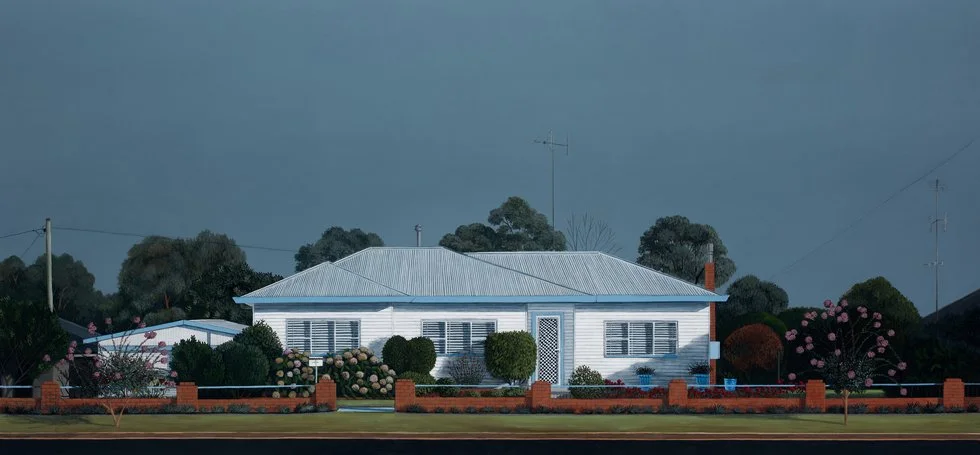 A suburban house with a metal roof, surrounded by bushes and trees, under a gloomy, overcast sky.