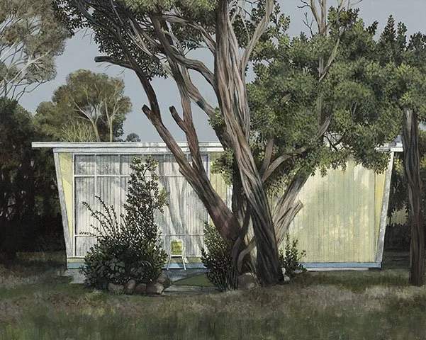 A large tree with twisted branches growing in front of a mid-century modern house with a large window. The yard is grassy with some small bushes and rocks near the tree.