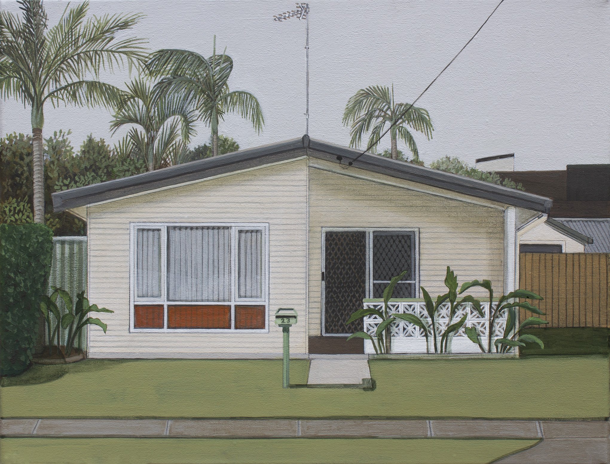 A painting of a house with a yellow exterior, white trim, and a front porch surrounded by greenery. Two tall palm trees are visible behind the house. There is a mailbox in front of the house with the number 23. A solar panel is attached to the house 