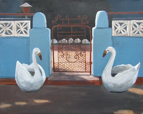 Painting of a blue gate with two white swan sculptures on either side, set against a brick and painted wall.
