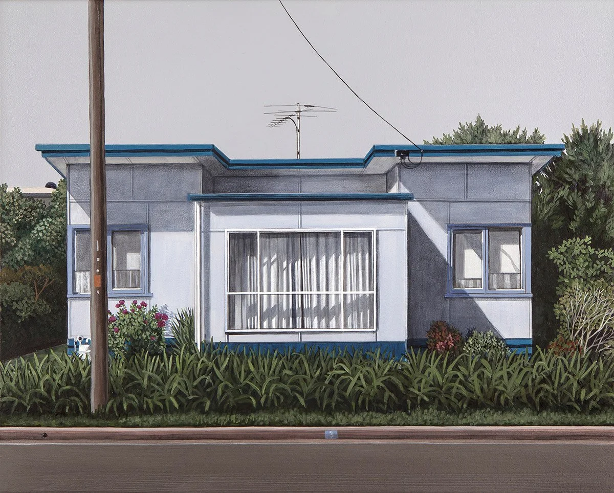 Painting of a house with large front window, surrounded by green plants and bushes, with a pole and wires in front.