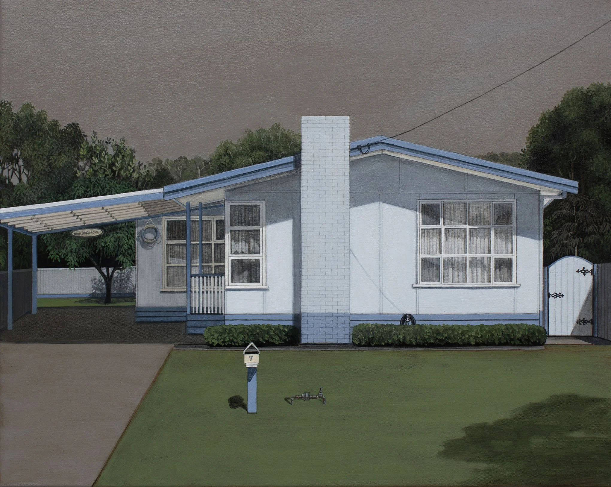 A model of a house with a blue roof, white brick chimney, large windows, and part of a yard with a mailbox, lawn, and gardening fixtures under a cloudy sky.