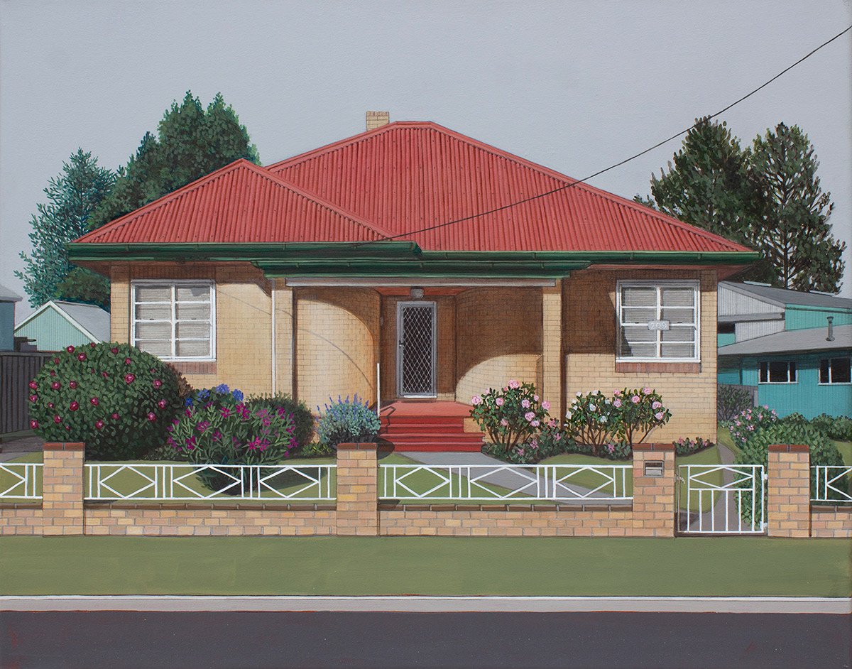Painting of a suburban house with a red-tiled roof, brick walls, front porch, garden with bushes and flowers, enclosed by a brick and metal fence.