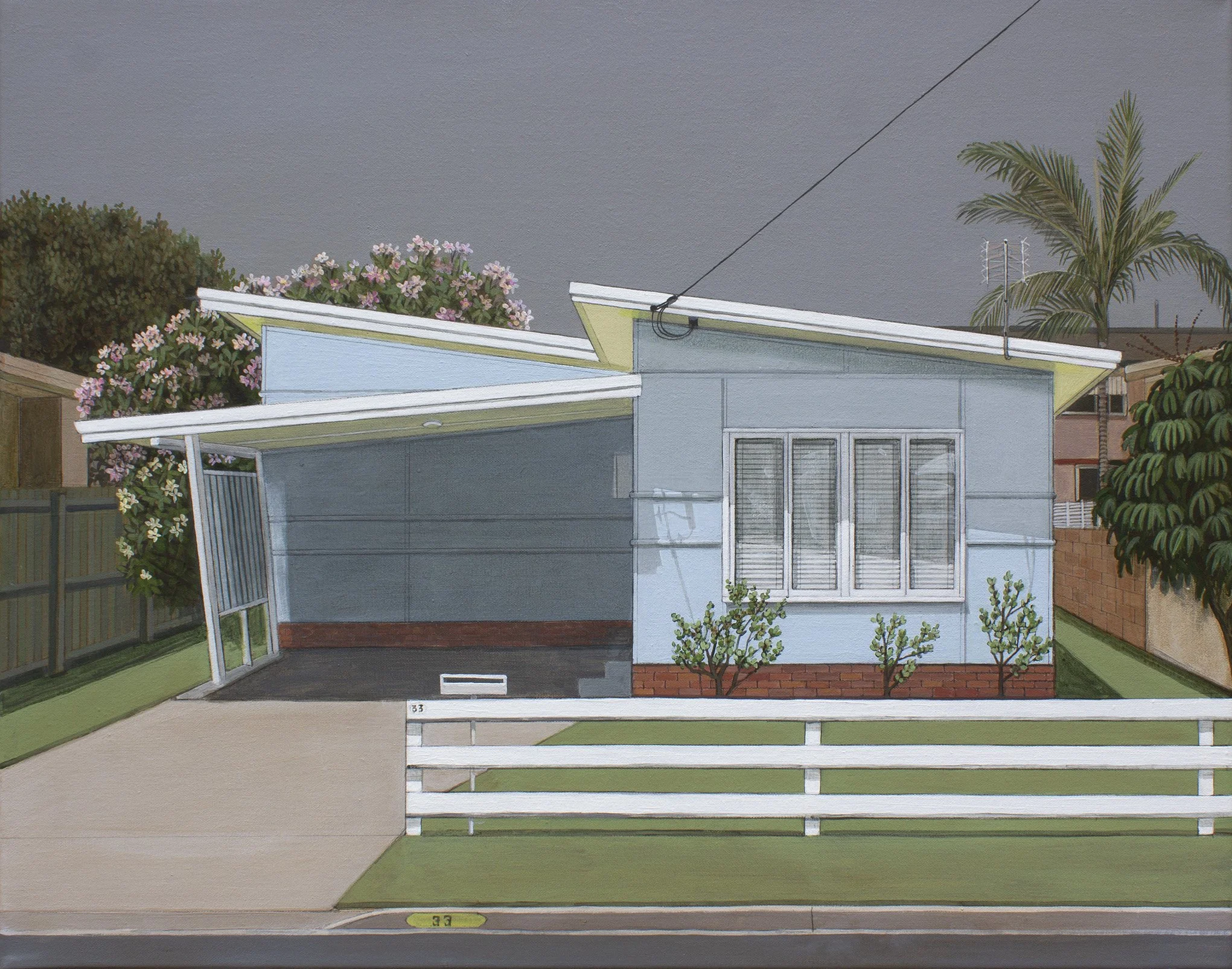 A digital illustration of a modern house with a flat roof and large glass windows, set among trees and greenery, with a dark sky in the background.
