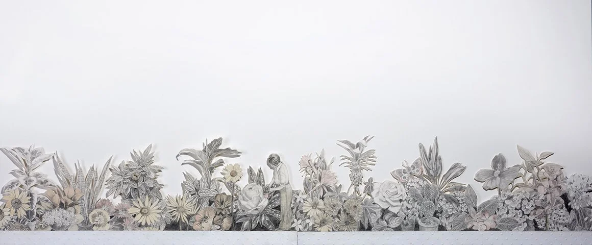 A black and white illustration of a person tending to flowers, surrounded by various plants and insects.