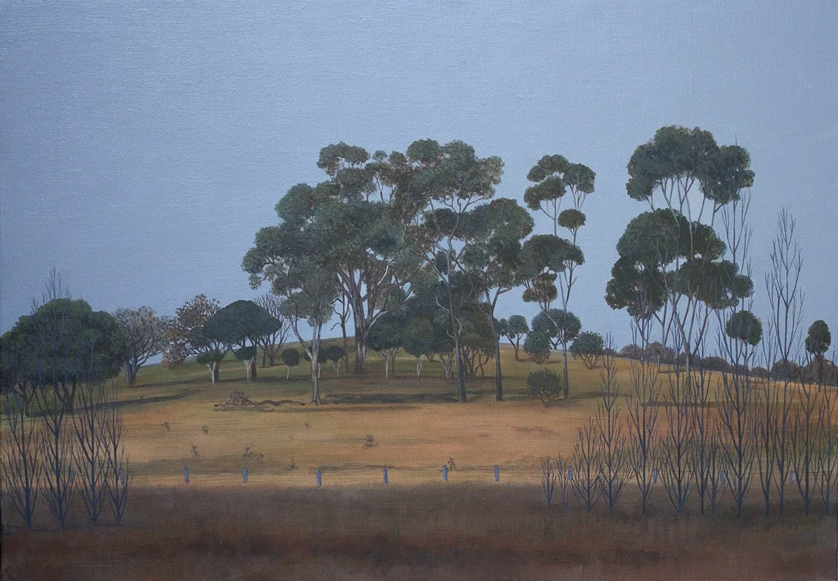 A landscape painting of a gently rolling hill with tall trees and sparse bushes, under a clear blue sky.