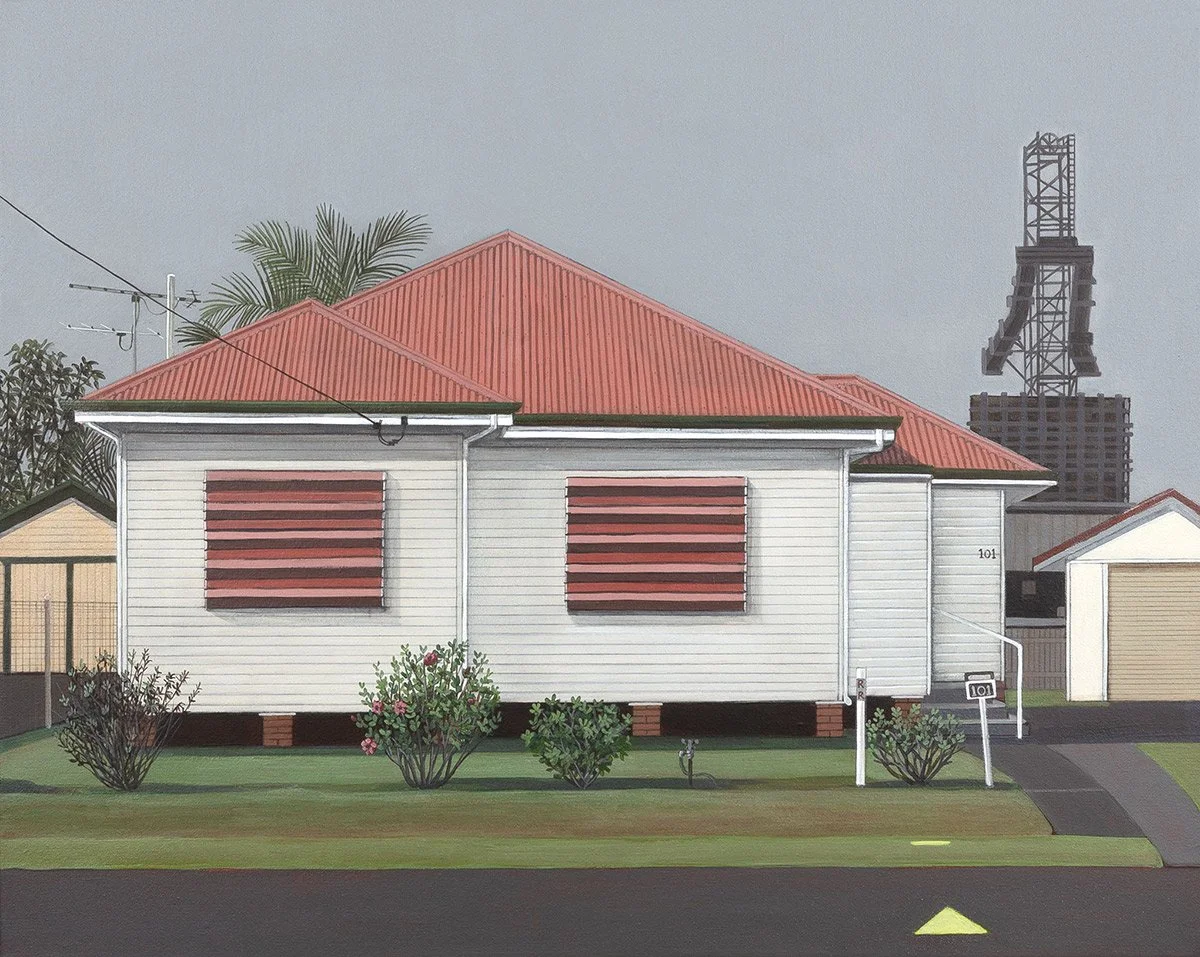 Illustration of a house with white siding, red shutters, and a red corrugated metal roof. There are bushes with pink flowers in front, a driveway, and a garage. An industrial building or crane is visible in the background.