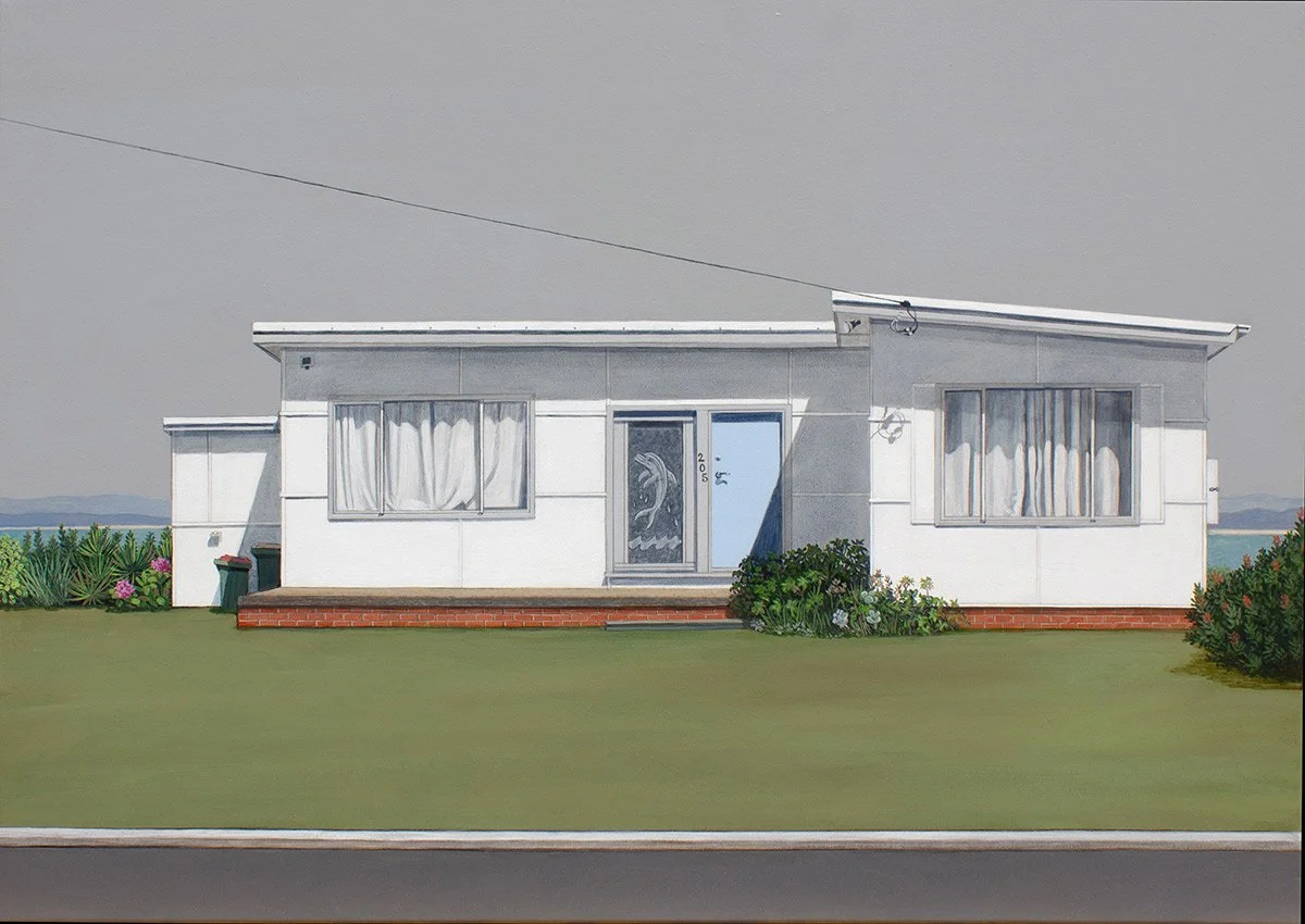 Painting of a modern house with white exterior, large windows with curtains, green lawn, small bushes, and a partly cloudy sky.