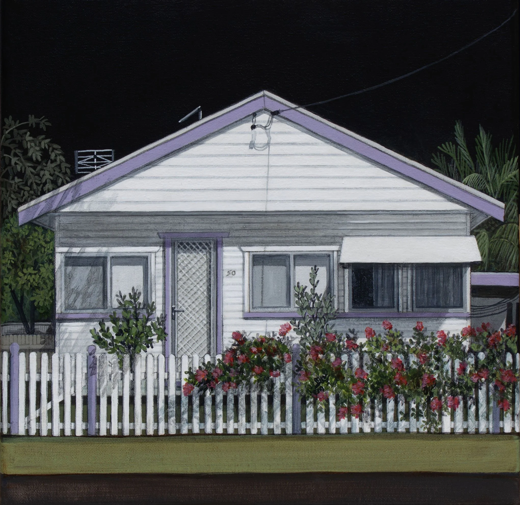 Painting of a house with a white picket fence, surrounded by plants and flowers at night.