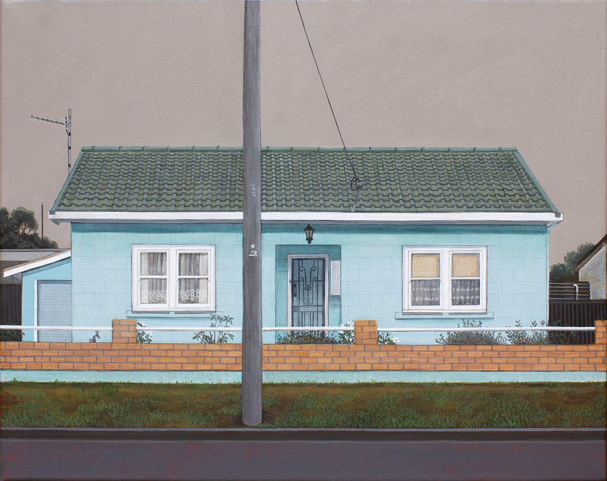 A painting of a light blue house with a green tiled roof, two windows with white curtains, a front door with a decorative metal grate, a lamp above the door, and a brick fence in front.