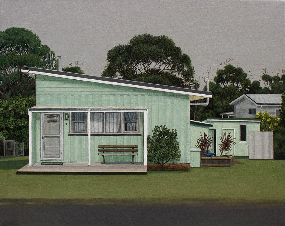 A painting of a light green modern house with a sloped roof, a small porch, bench, and garden plants, set against a background of trees and other houses.
