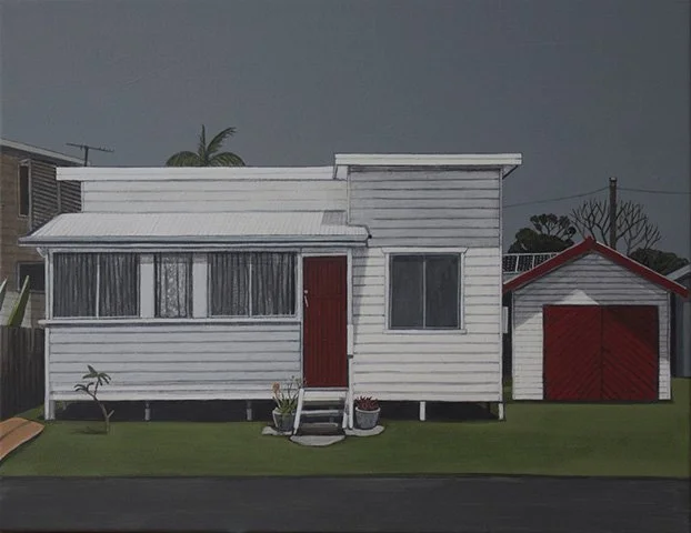 Painting of a small white house with a red door and a porch with steps, next to a small white shed with a red roof in a green yard.