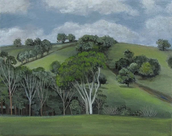 Painting of a hilly landscape with trees and a cloudy sky.