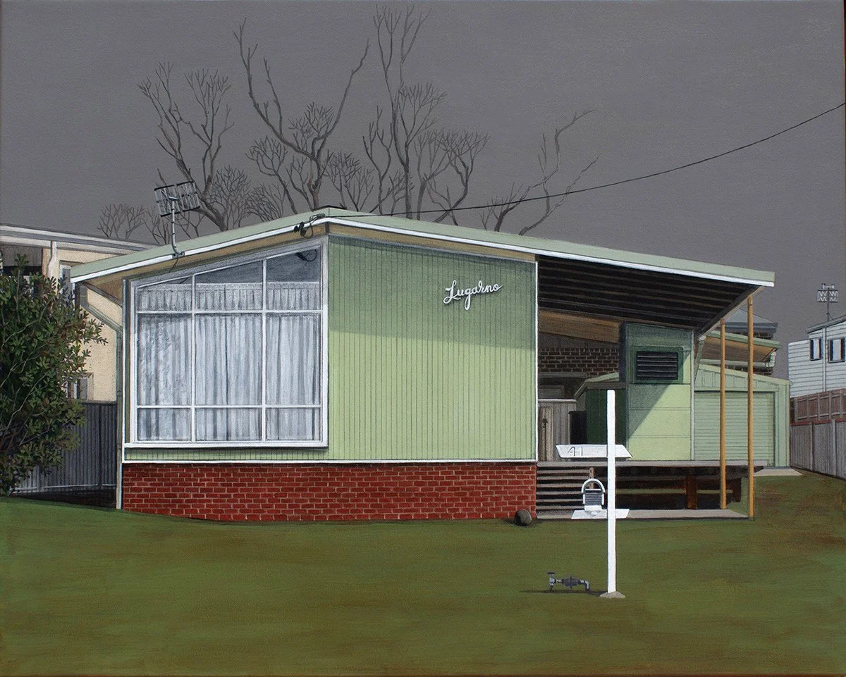 A painting of a mid-century modern house with green metal siding and a brick foundation. The house has large sliding glass doors, a covered porch, and a small zoom lens in the yard. Behind the house are leafless trees and a dark, cloudy sky.