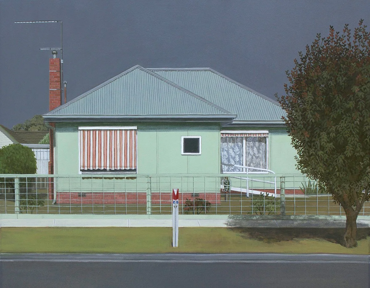 A painting of a house with a gray metal roof, light green walls, and a red brick foundation. The house has a window with closed striped curtains and another window with lace curtains. A white metal railing surrounds the front yard, with a tree on the