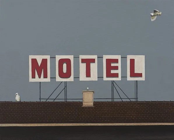 Sign with the word "MOTEL" in red letters on white background panels, situated on a rooftop against a gray sky. A bird is flying in the sky, and another bird is perched on the roof.