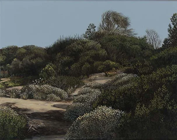 A painted landscape of a dry, hilly area with green bushes and shrubs, a pathway, and a few trees in the background under a clear blue sky.
