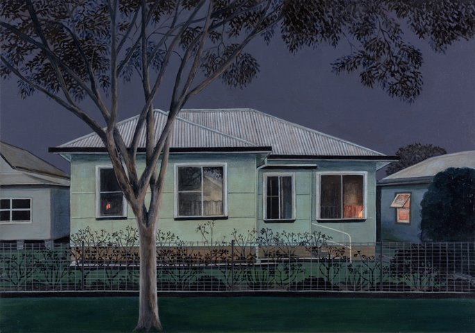 A nighttime painting of a house with lit windows, a large tree in front, and neighboring houses on either side.