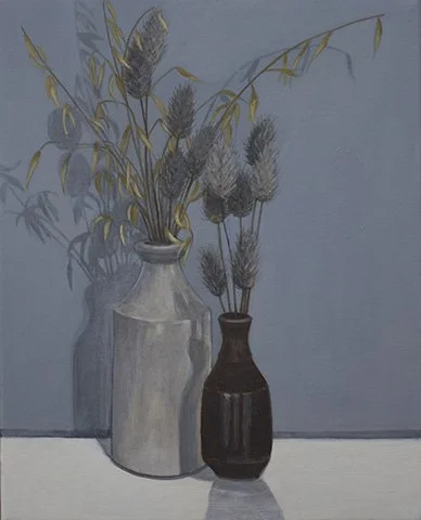 Painting of a still life with two vases containing dried grasses and flowers against a blue background.