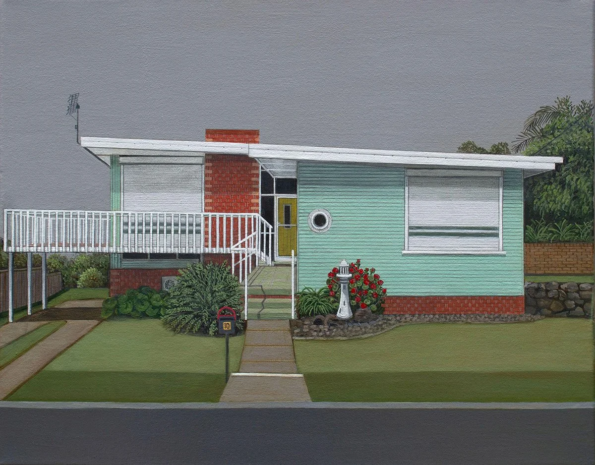 Illustration of a single-story house with a mint green exterior, white roof, and brick chimney. The house has a small porch with a white railing, a front door, and a large window with a closed blind. There is a garden with bushes, a decorative lamp p