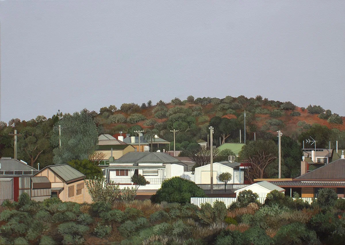 A painted depiction of a suburban neighborhood with houses and trees in front of a hill covered in shrubbery.