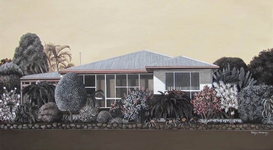 Illustration of a house with a metal roof, large windows, and surrounded by various shrubs and trees.