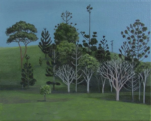 Painting of a variety of trees on a grassy hill under a blue sky.