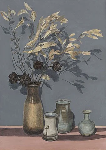 A still life painting of a tall vase with white and beige leaves, along with three smaller vases of varying sizes and colors, set against a blue background and resting on a pink surface.