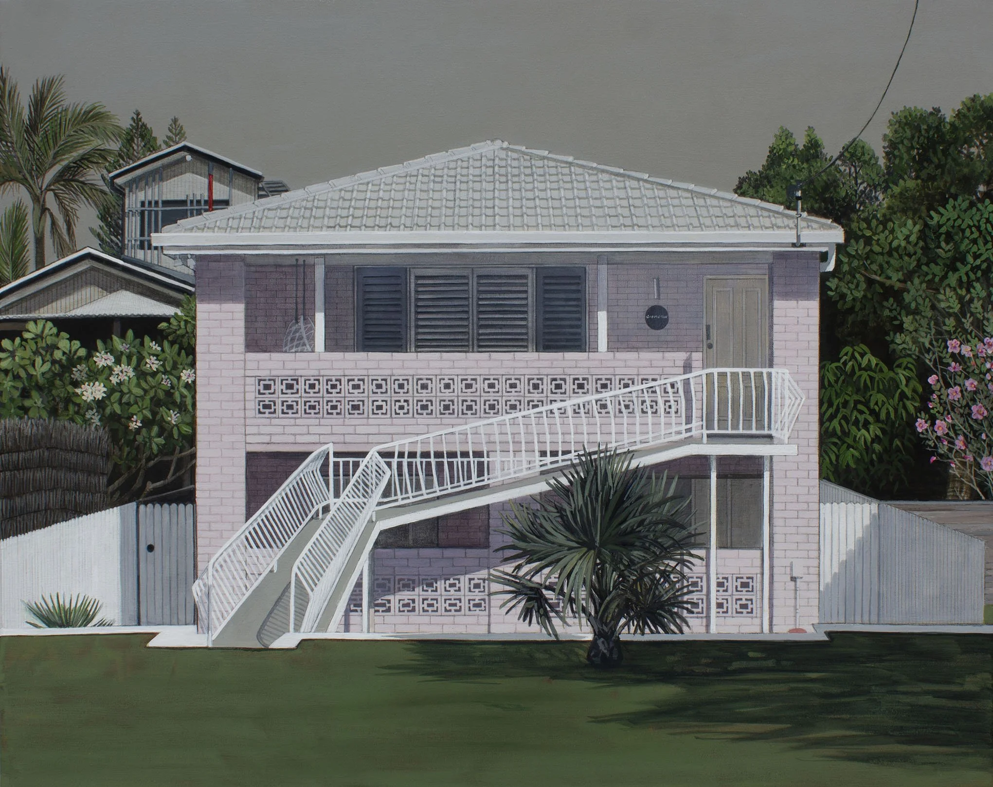 Artistic painting of a backyard view featuring a pink brick house with dark shutters, a white spiral staircase, lush green plants, trees with pink flowers, and a gray overcast sky.