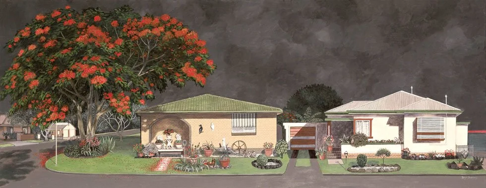 A digitally illustrated scene of two houses on a street, with a large tree with red flowers on the left and a dark sky above.