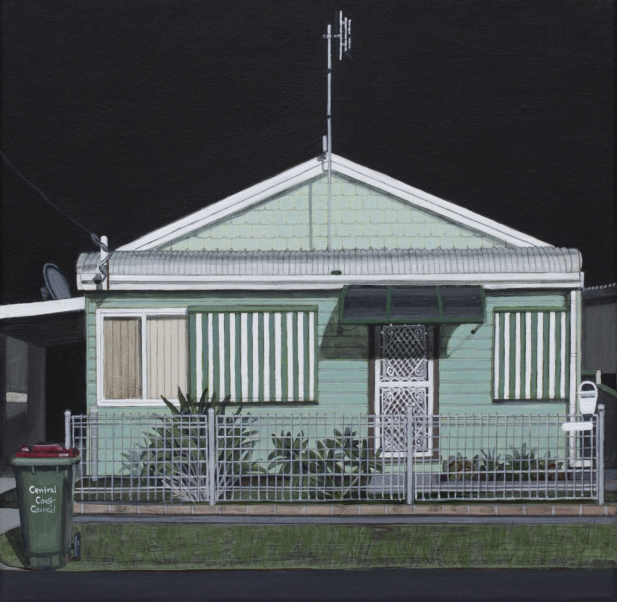 A painting of a house with a green exterior and white trim, surrounded by a white fence, with a black sky background.