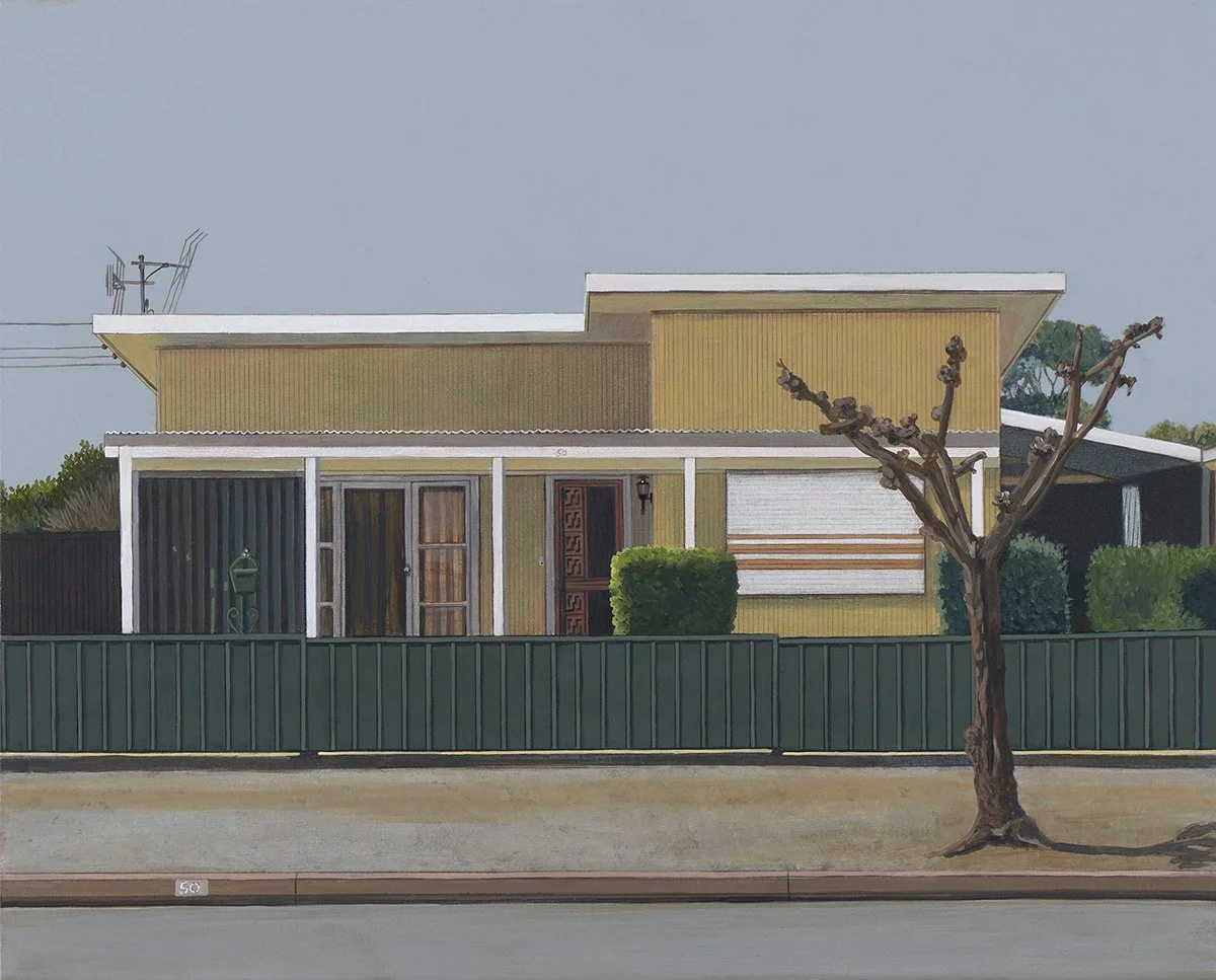 Painting of a modern yellow house with a front yard, green fence, leafless tree, and a street number '50' in the foreground.