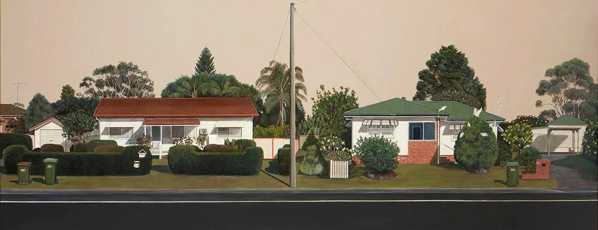 A suburban street with two houses, front yards, trees, bushes, and garbage bins on the sidewalk.
