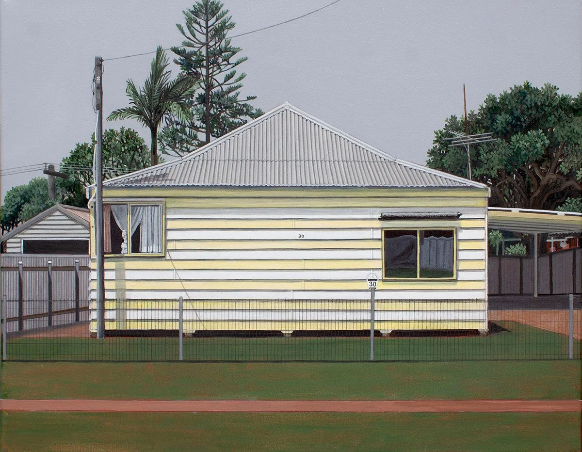A painting of a small, pale yellow house with horizontal stripes, a sloped corrugated metal roof, a pole with traffic signs, and surrounded by a wire fence and green grass.