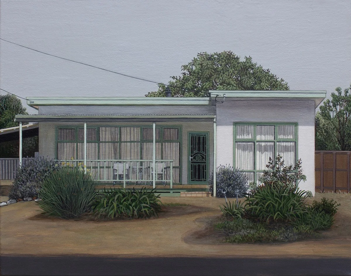 Painting of a single-story house with a porch and garden, featuring large front windows and greenery.