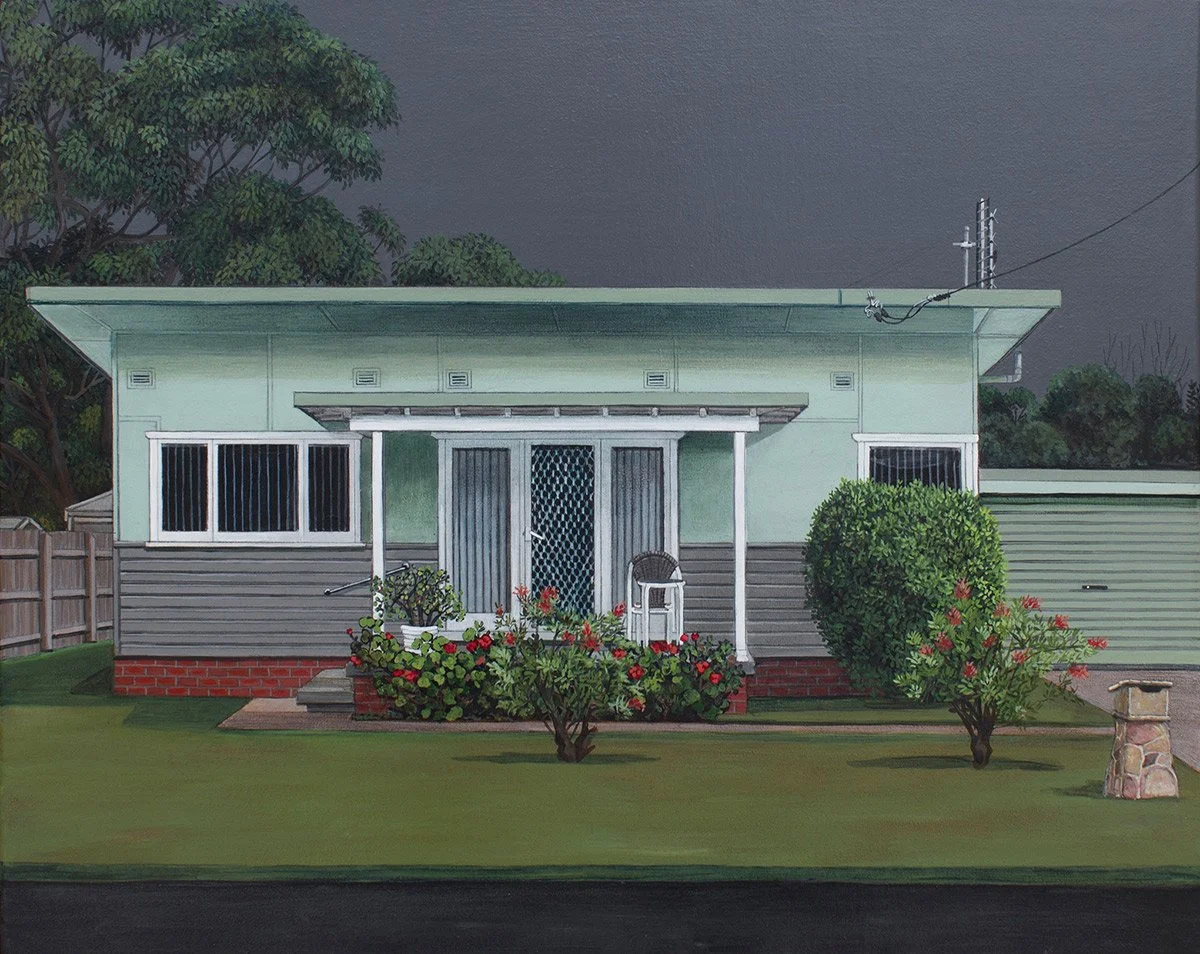 Painting of a small house with a light green exterior, surrounded by a well-maintained lawn, flowering bushes, and a wooden fence, under a dark sky.