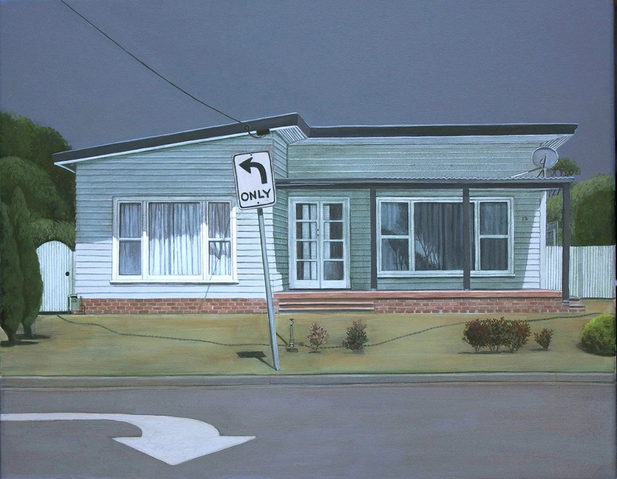 A house with a mix of white and green siding, large front windows with curtains, a front door with glass panes, and a porch with steps. There is a parked satellite dish on the roof, a white fence, and a large elliptical traffic sign indicating a left