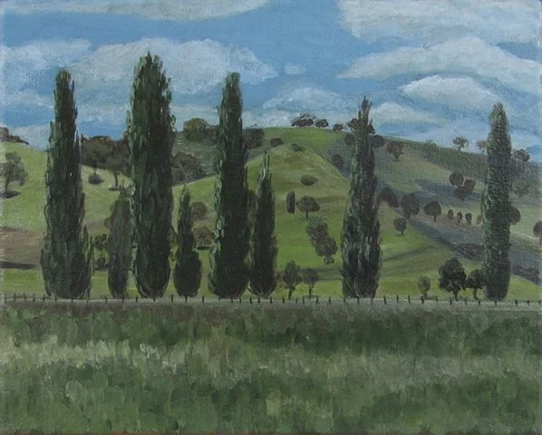 A painting of a rural landscape with tall, slender trees in the foreground, rolling green hills in the background, and a partly cloudy sky.
