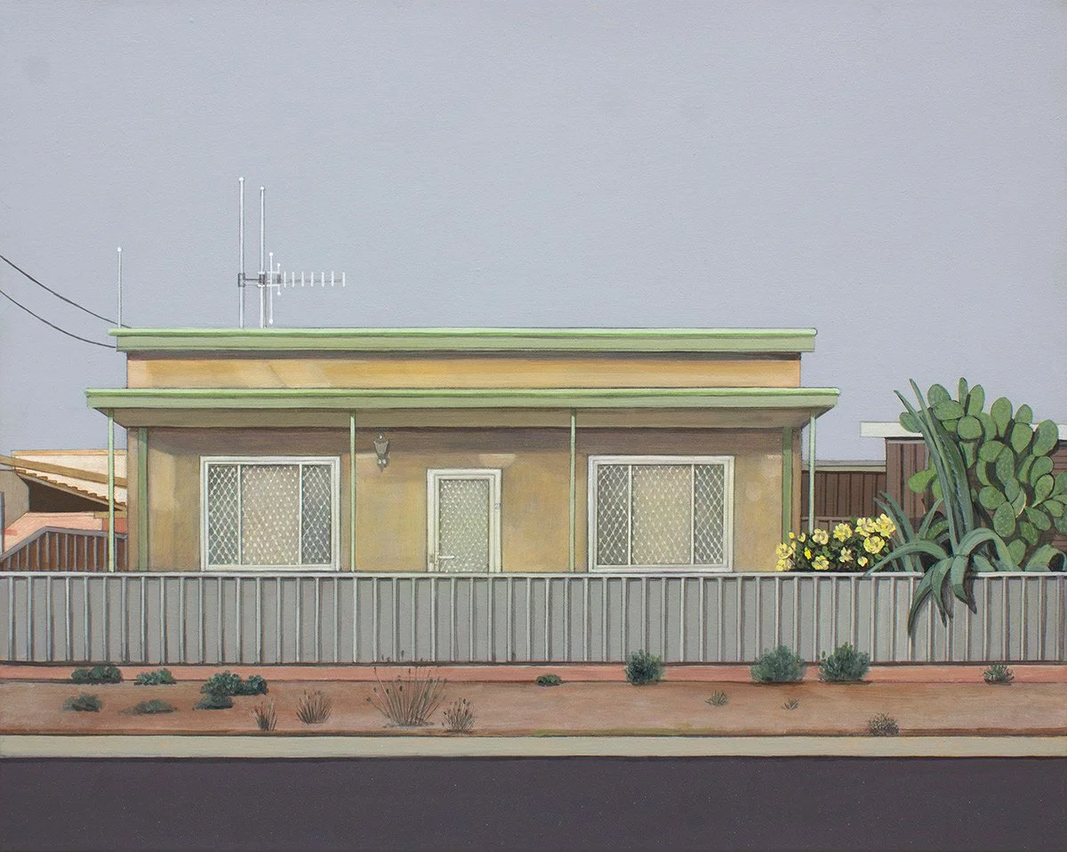 Painting of a yellow house with white window bars, a white door, a green roof, and a gray fence, with desert plants and a cactus on the right.