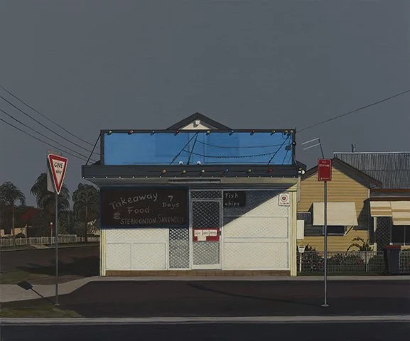 Small yellow building with a blue tarp covering its roof, a menu board, and a sign offering takeout food and fish and chips; stop signs and power lines nearby.