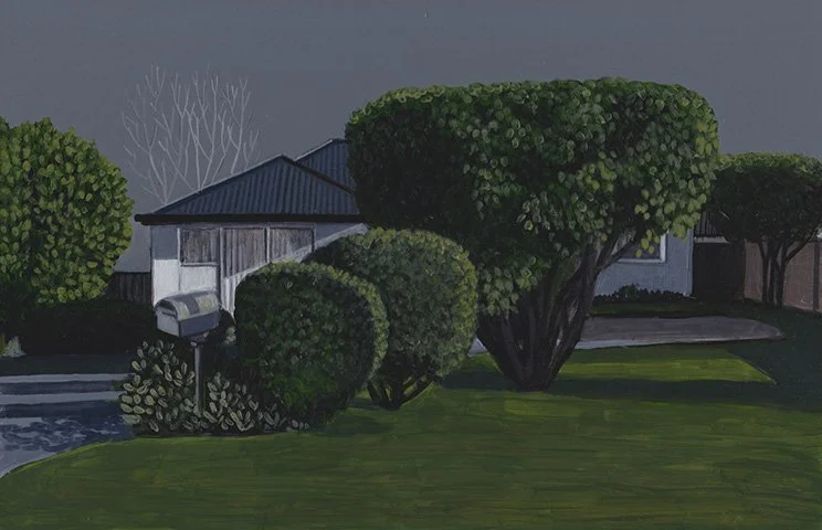 A painting of a suburban backyard with trees, bushes, a house, and a gray sky.