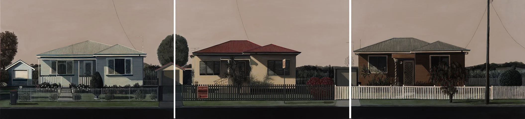 A panoramic view of three single-story houses with different colored exteriors and roofs, separated by small fences, along a street with a sidewalk, trees, and utility poles under a cloudy sky.