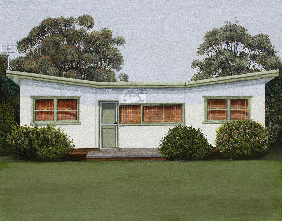 Painting of a small white house with three windows and a door, surrounded by bushes, with trees in the background.