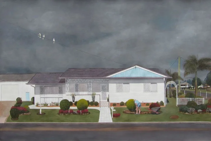 A painting of a white house with a porch, surrounded by a garden and lawn, under a dark, stormy sky with some electrical wires overhead.