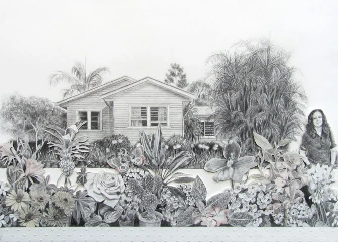 A mural of a house surrounded by lush plants and flowers, with a woman standing on the right side.