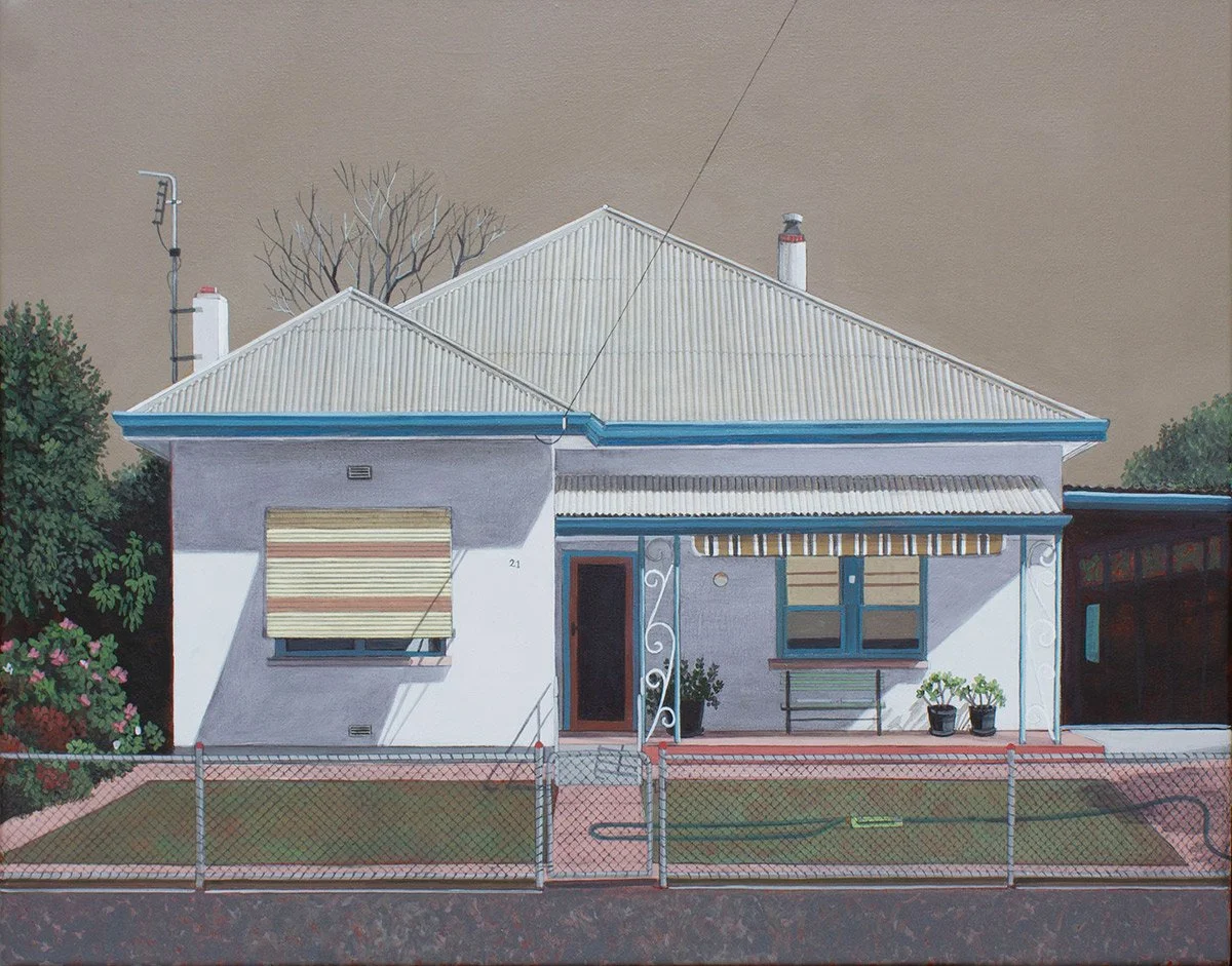 A painting of a house with white walls, a blue roof, and a front porch with potted plants, a bench, and a striped awning, enclosed by a chain-link fence.