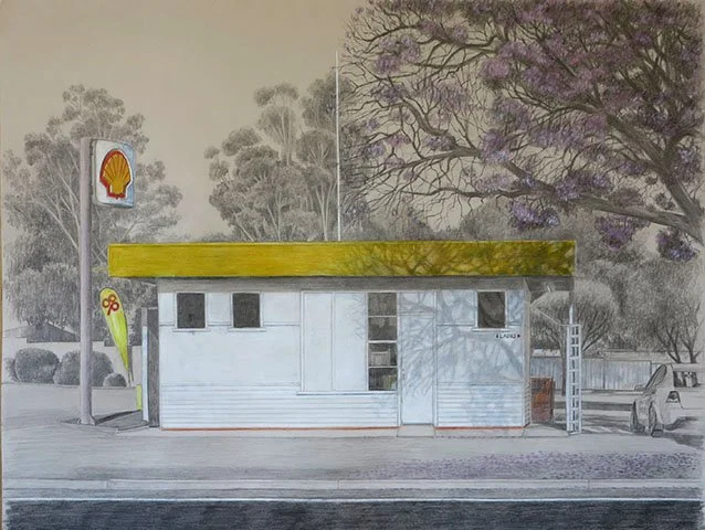 A hand-drawn illustration of a Shell gas station with a yellow roof, a Shell sign, and a small building with a door and windows. There are trees in the background, including one with purple blossoms, and a parked car to the right.