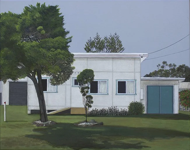 Painting of a white house with blue door, surrounded by trees and a well-kept lawn.