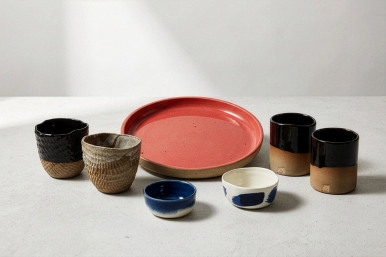 Collection of various ceramic cups and plates on a white surface