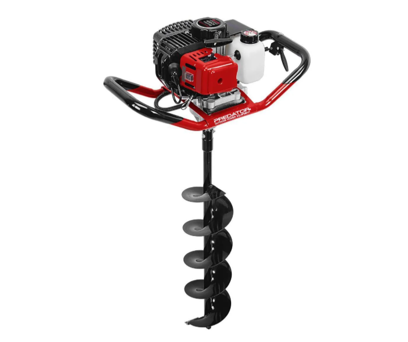 Red and black gasoline-powered earth auger with a white fuel tank and a black handle, used for drilling holes into the ground.
